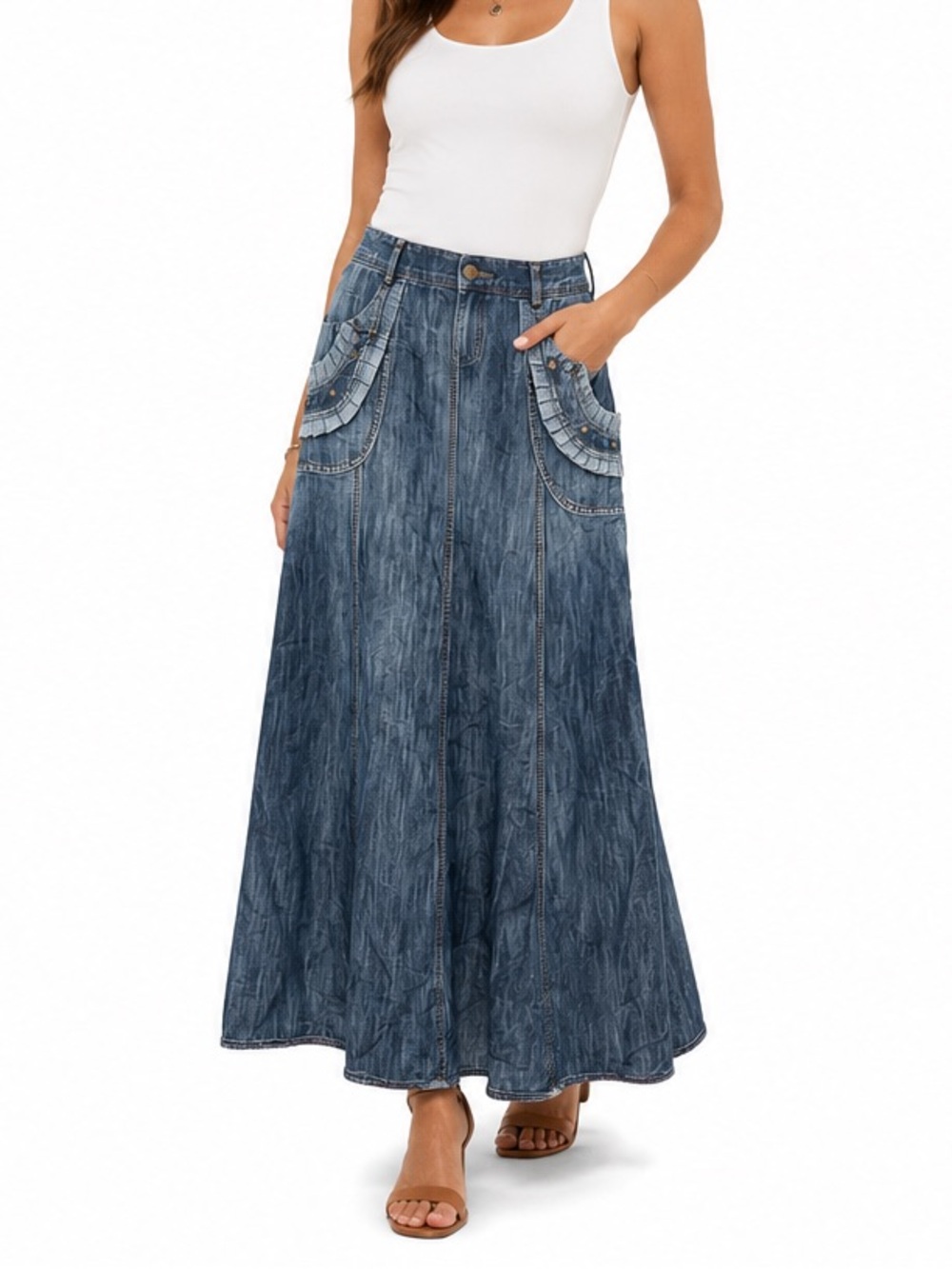 AK Collection Y2K Denim Maxi Skirt Ruffle Pockets Dark Wash Size 44 (L)
